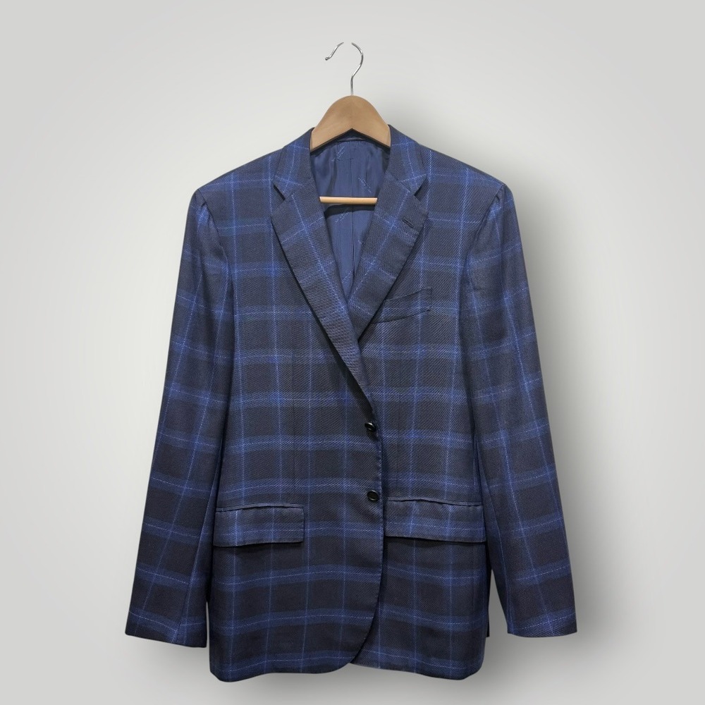 Kiton Napoli Cashmere Silk Blue Windowpane Plaid Sport Coat Blazer IT 52 US 42R